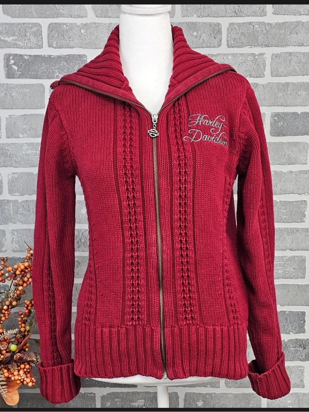 Harley-Davidson Women’s Zip Front Knit Hoodie — Burgundy Red